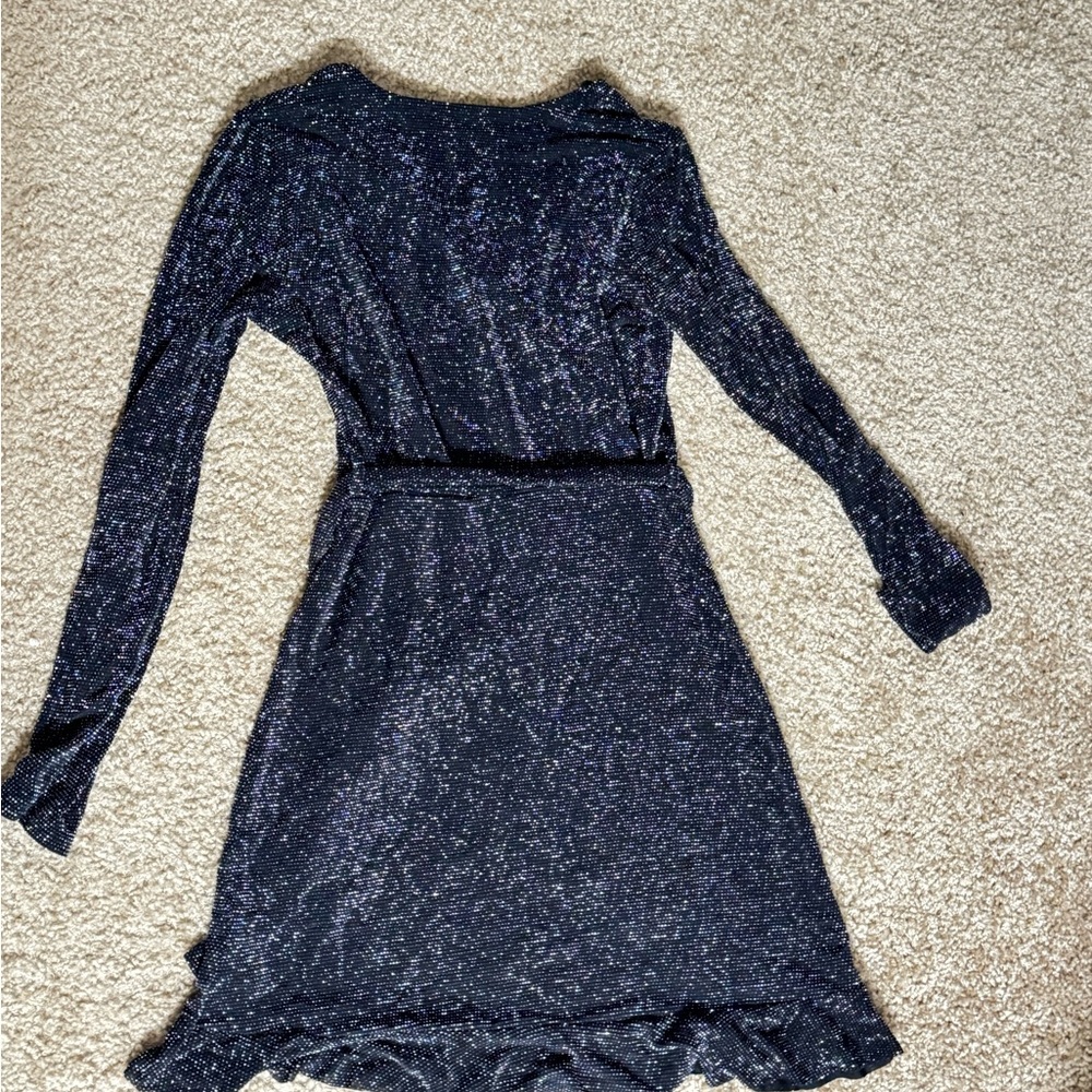 Women’s Sparkly Wrap Dress Long Sleeve V-Neck Ruffle Hem Cocktail Party Dress - Picture 4 of 4